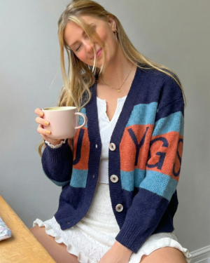 Navy–Orange–Blue Statement Letter Cardigan