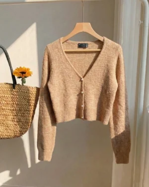 Camel Brown Cropped Knit Cardigan