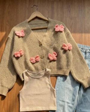 Blush Bow Knit Crop Cardigan