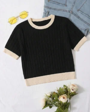 Black Contrast Ribbed Knit Top