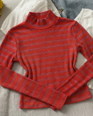 Rust Striped High-Neck Ribbed Top