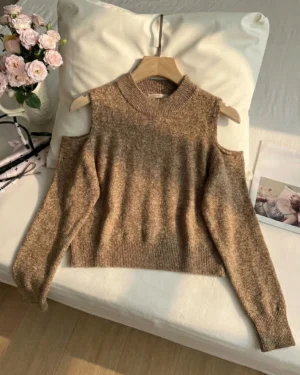 Brown Cold-Shoulder Knit Top