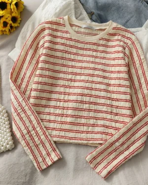 Cream Red Stripe Textured Crop Top