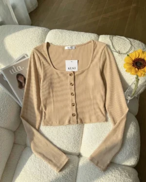 Beige Ribbed Button Crop Top