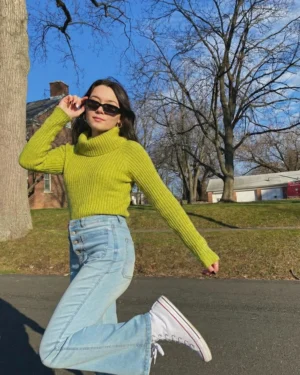 Lime Ribbed Turtleneck Knit Top