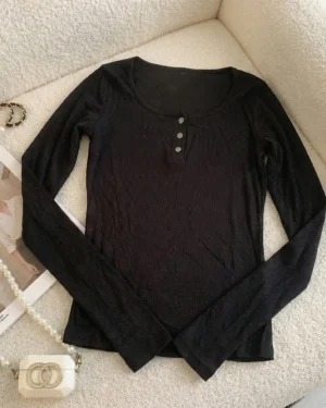 Black Ribbed Button Neck Top