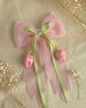Pastel Floral Organza Bow Clip (Pink)