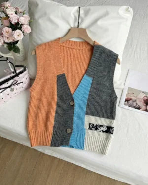 Colorblock Buttoned Knit Sweater Vest
