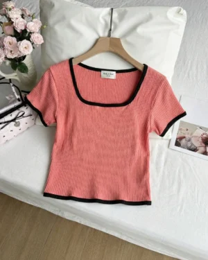 Pink Ribbed Contrast Neck Top