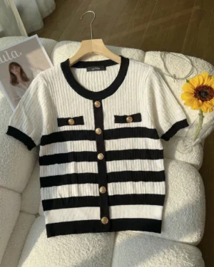 Striped Knit Button Top