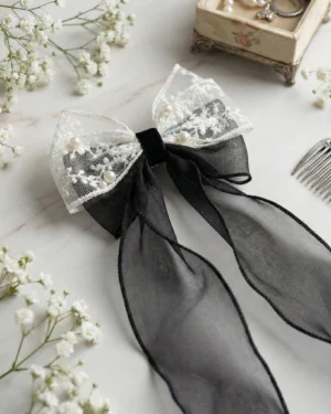 Scarlet Pearl Lace Bow Hair Clip (Black)