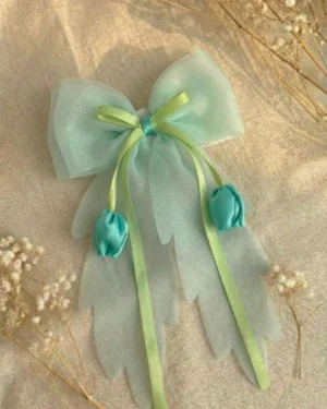 Pastel Floral Organza Bow Clip (Green)