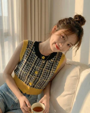 Mustard Houndstooth Knit Button Vest