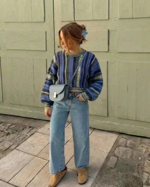 Blue Textured Stripe Knit Crop Sweater