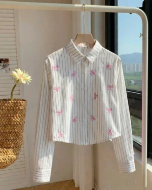 Bow Stripe Cropped Shirt