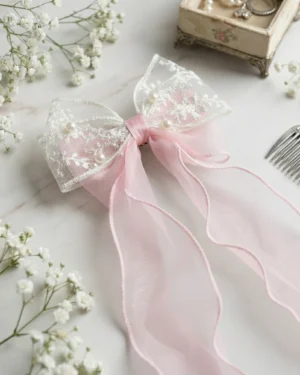 Scarlet Pearl Lace Bow Hair Clip (Pink)
