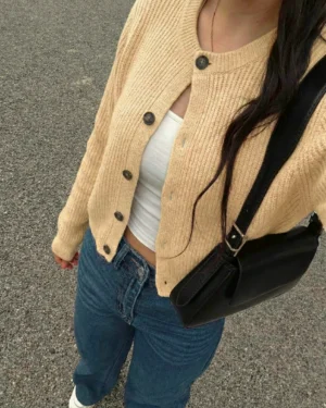 Beige Ribbed Knit Button Cardigan