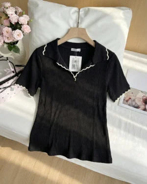Black Ribbed Contrast Collar Top