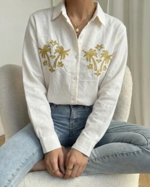 White Gold Palm Embroidered Shirt