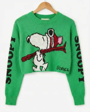 Green Snoopy Graphic Knit Crop Sweater