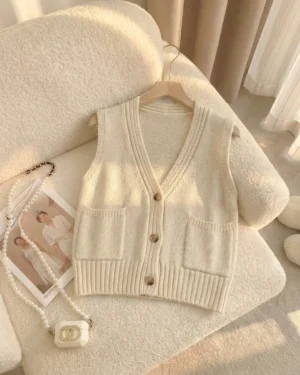 Ivory Button-Front Knit Sweater Vest