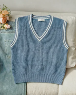 Sky Blue Ribbed Knit Sweater Vest