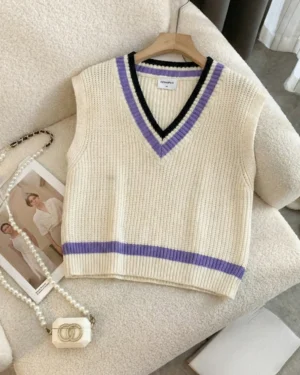 Contrast Stripe V-Neck Knit Sweater Vest