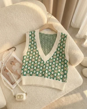 Green Floral Geo Knit Sweater Vest