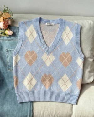 Heart Argyle Knit Sweater Vest