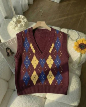 Vintage Wine &b Mustard Argyle Vest